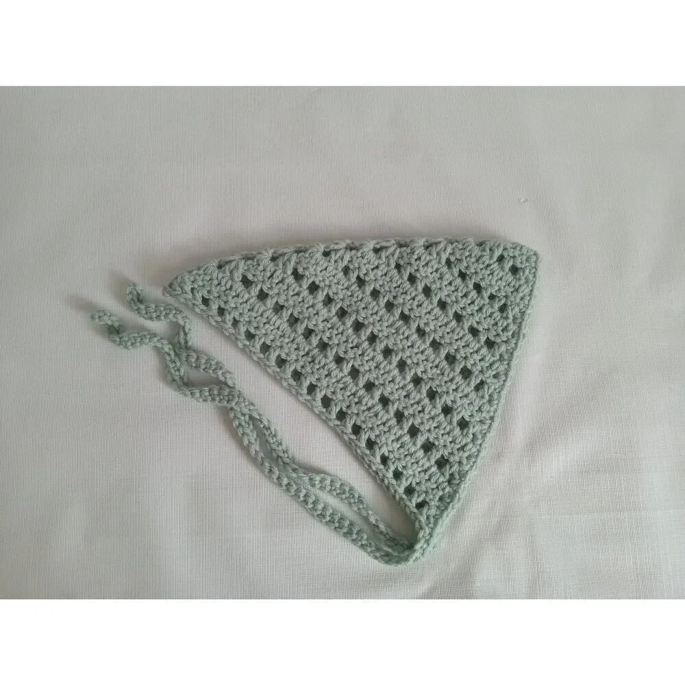 Handmade Boho Sage Green Acrylic Crochet Triangle Bandana Hair Scarf One Size